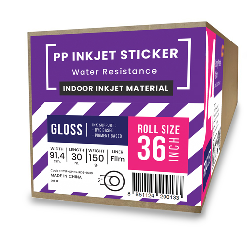 สติกเกอร์พีพีอิงค์เจ็ทเคลือบเงา (Glossy PP InkJet Sticker) 150 ไมครอน A0-36" (91.4cm/30m)